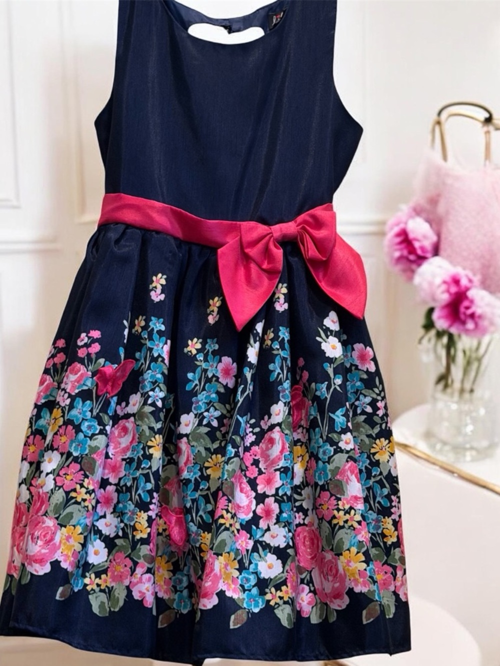 lilt Navy Floral Party Dress with Pink Bow
